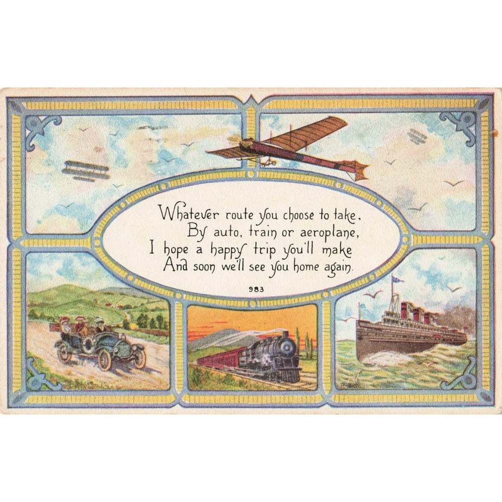 Vintage 1913 Transportation Postcard Aeroplane Train Auto Ship Poem